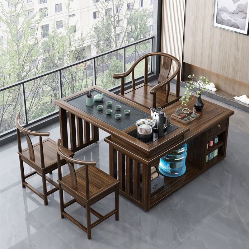 实木旋转茶桌家用阳台岩板茶台喝茶桌椅组合小型茶几具烧水壶套装