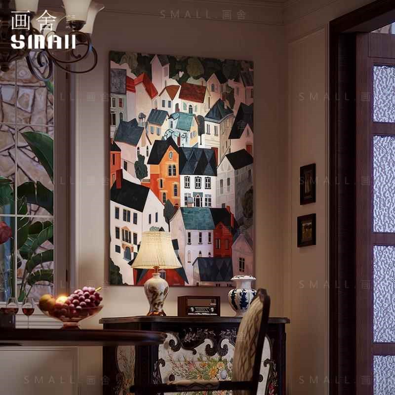 意式风客厅装饰画玄关漆画挂画餐厅卧室背景城市小镇新中式肌理画