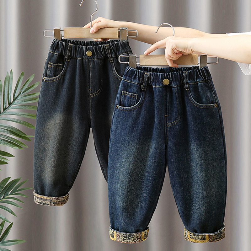 男童加绒牛仔裤2023秋冬装x新款宝宝洋派一体绒儿童冬季加厚裤子