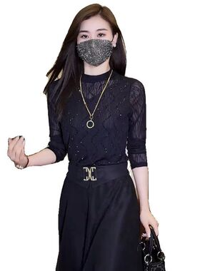 黑色半高领蕾丝打底衫女春秋修身内搭网纱t恤洋气百搭长袖上衣