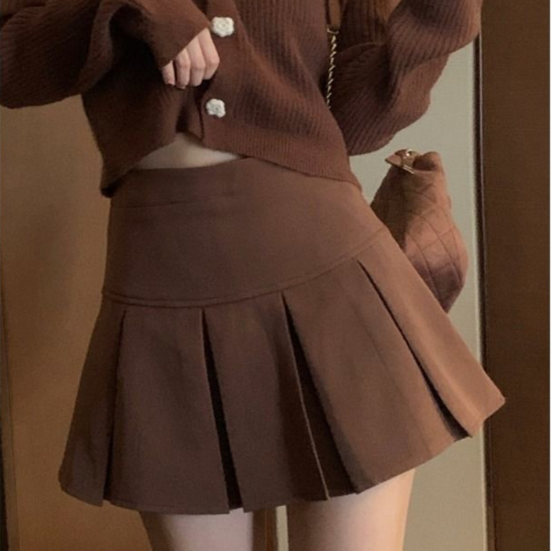 推荐HOUZHOU Vintage Brown Pleated Skirt Women Spring 2022 Ko
