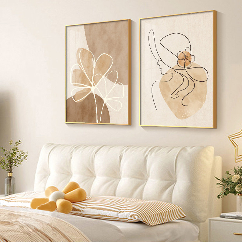 奶油风卧室床头装饰高级感房间背景墙挂画简约现代侘寂风女生壁画