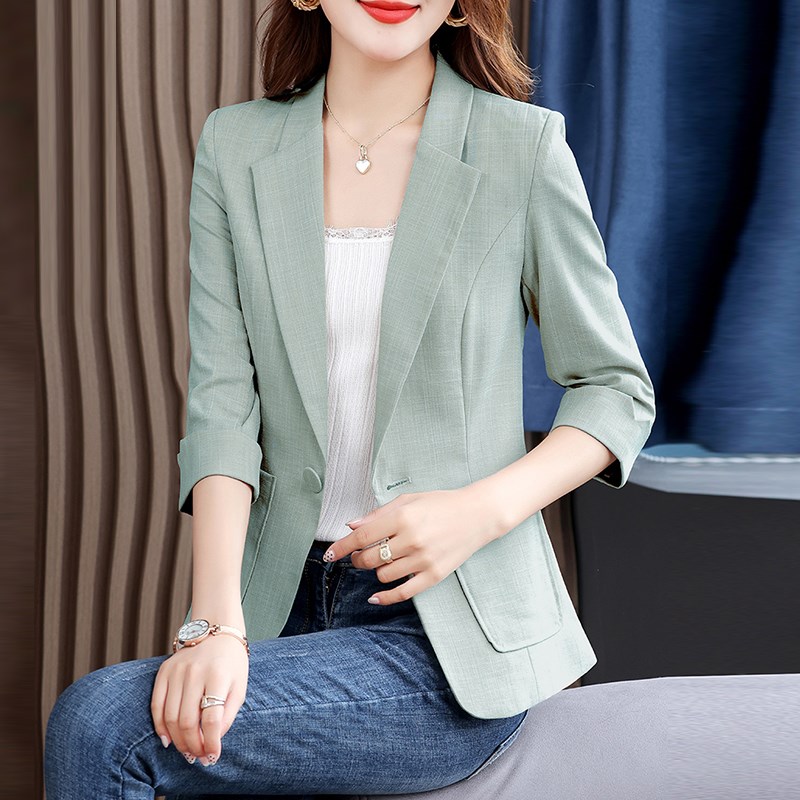 小个子中袖亚麻薄款西装外套女夏季2025新款气质修身职业西服上衣