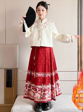 童装女童呢子大衣马面裙套装2024春季新款洋气春秋唐装汉服中国风
