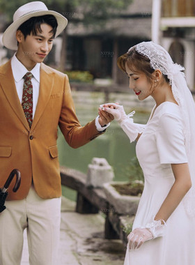 新款民国风包头复古新娘结婚主婚纱头纱蕾丝花边帽式头饰白色森系