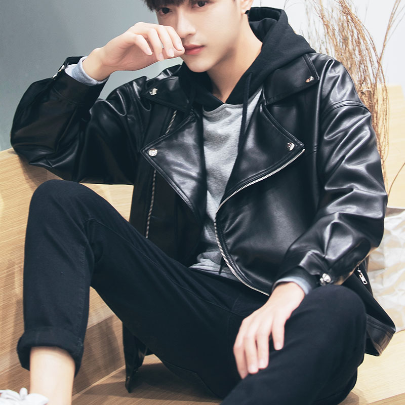 春秋冬新款宽松男装气质机车皮衣男翻领外套潮款流行情侣装皮夹克