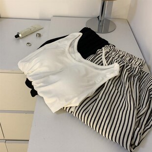 休闲家居服三件套 带胸垫睡衣女春秋夏季 长袖 韩版 纯棉吊带条纹长裤