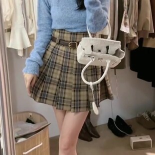 复古格子高腰A字百褶短裙女2025年夏季 小清新甜美风裙子 新款 韩版