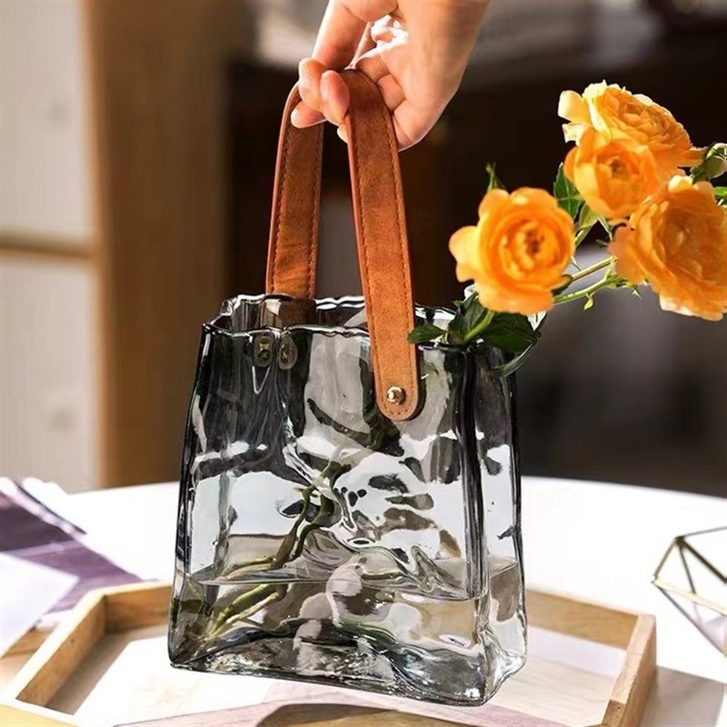 北欧ins手提包原色玻璃花瓶水D养鲜花鱼缸插花客厅餐桌摆件