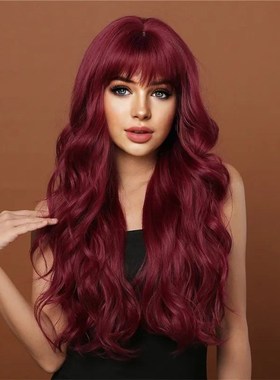 New selling wig female fluffy wine red air bangs long curly