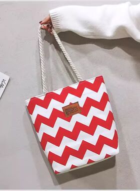 【宝藏家族】文艺帆布女士单肩包新款女包波浪条纹麻绳手提