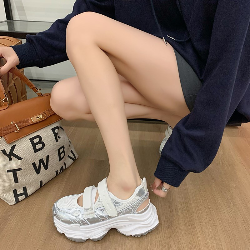 包头运动魔术贴厚底凉鞋女2024A夏季新款百搭老爹鞋镂空透气洞洞
