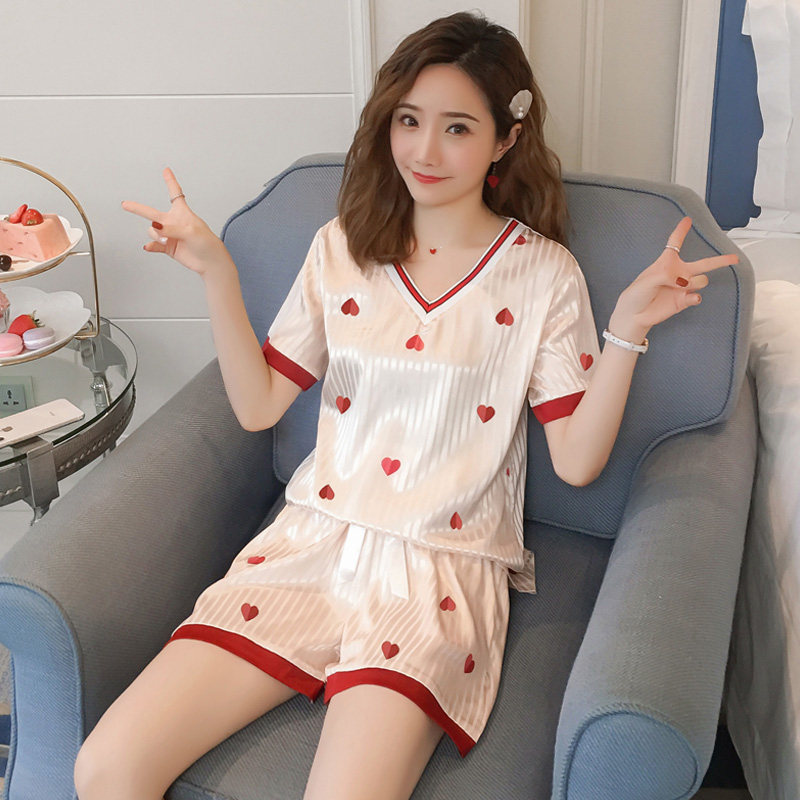 潮牌2023夏日公主风冰丝绸面睡衣女韩版V领爱心印花高级感家居服