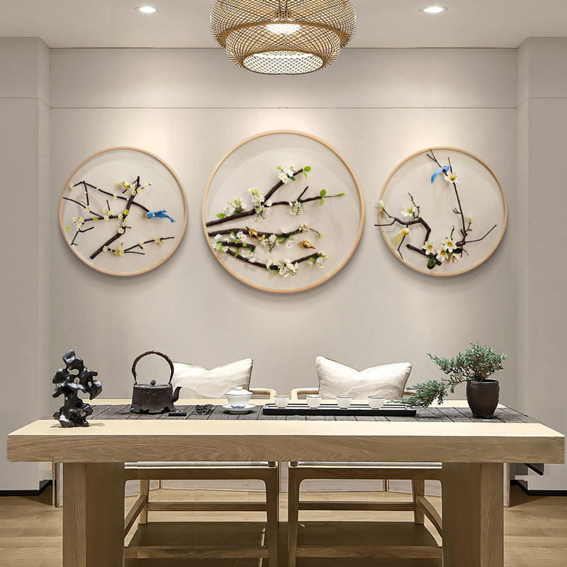 新中式玄关走廊过道装饰画饭厅圆形实物立体背景挂画客厅墙面壁画