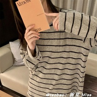 韩版 简约条纹磨毛睡衣女秋冬长袖 长裤 保暖加厚德绒宽松家居服套装