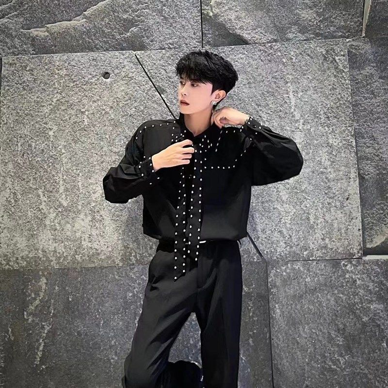 个性多铆钉装饰小众衬衫男长袖韩版垂坠感设计休闲衬衣发型师,男装,衬衫,淘宝优惠券,粉丝福利购,淘宝优惠卷
