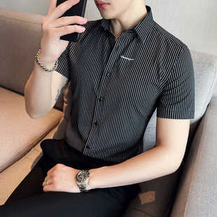 男高级感潮流韩版 商务条纹衬衣 修身 短袖 休闲衬衫 夏季 免烫半袖 新款