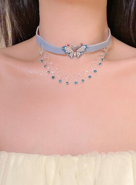 y2k千禧辣妹镶钻蝴蝶皮绳choker小众高级感项链甜酷设计感锁骨链