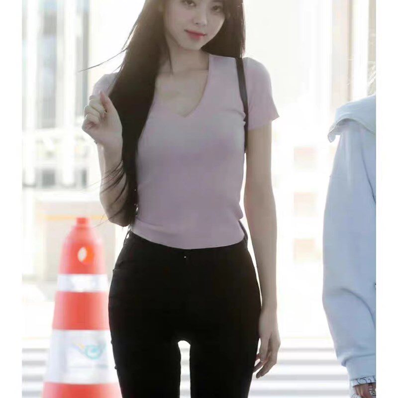 申有娜同款粉色T恤女2023夏季B薄款冰丝针织衫短袖V领短修身上衣
