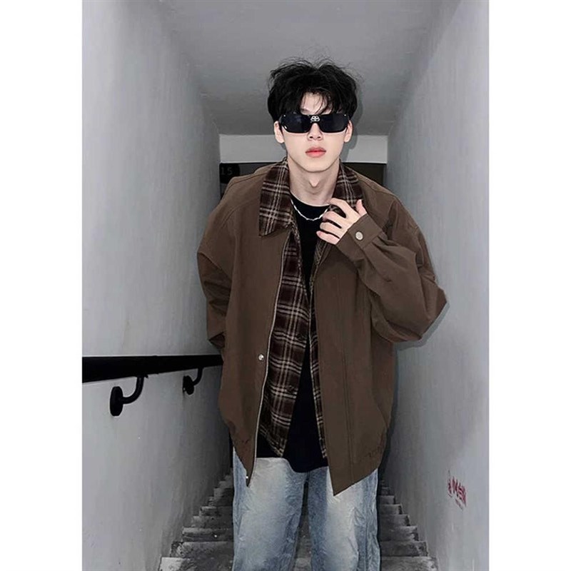 棕色假两件短款外套男款秋季青少年酷帅美式上衣高级感衬衫领夹克
