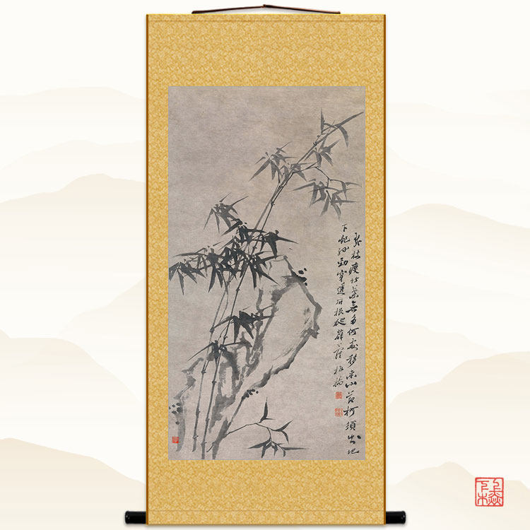 郑板桥竹石图 郑燮画竹子卷轴挂画 复古书房绢布丝绸装饰画定制