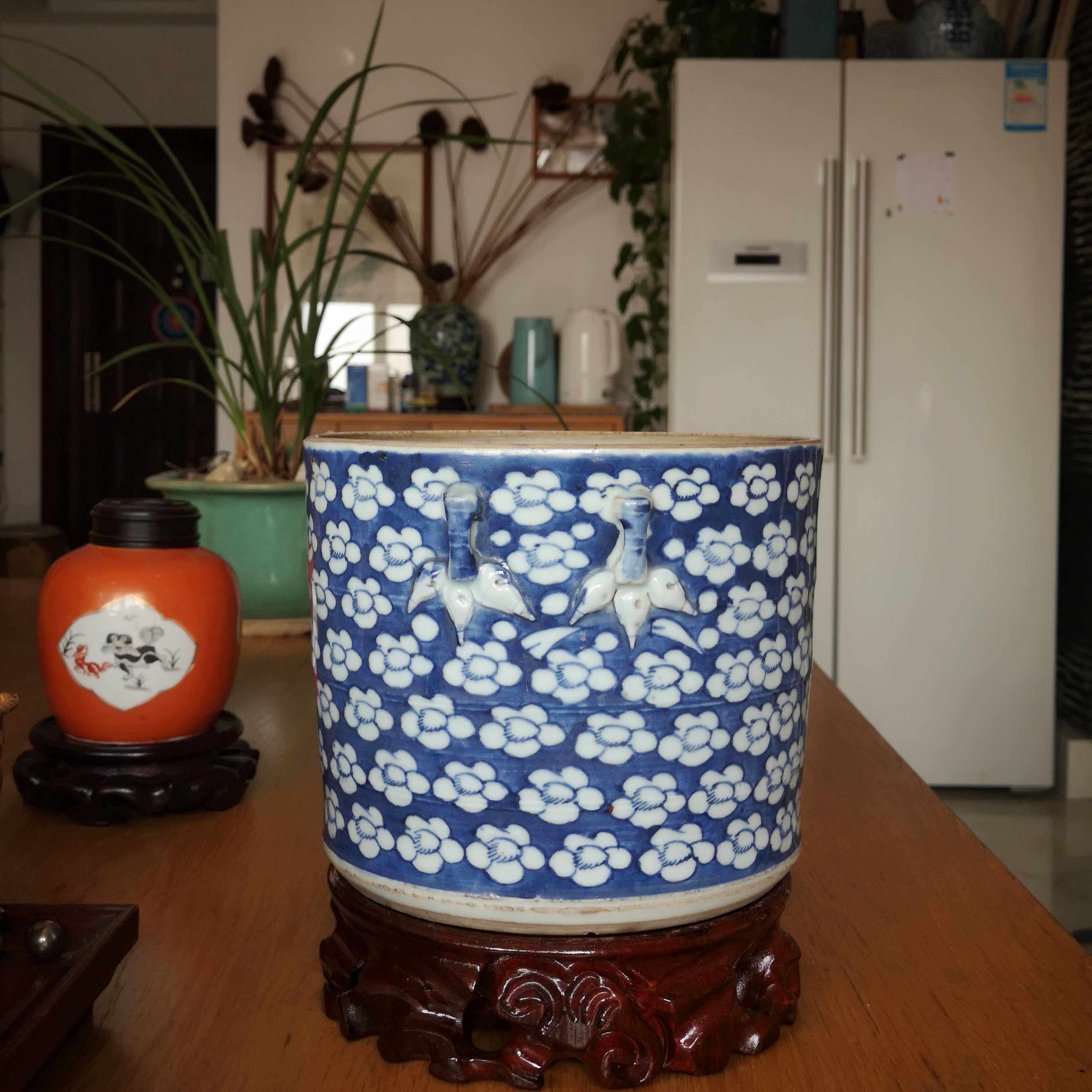 清代江南青花冰梅竹节罐笔筒花器收纳老物件古董瓷器案头艺术摆件