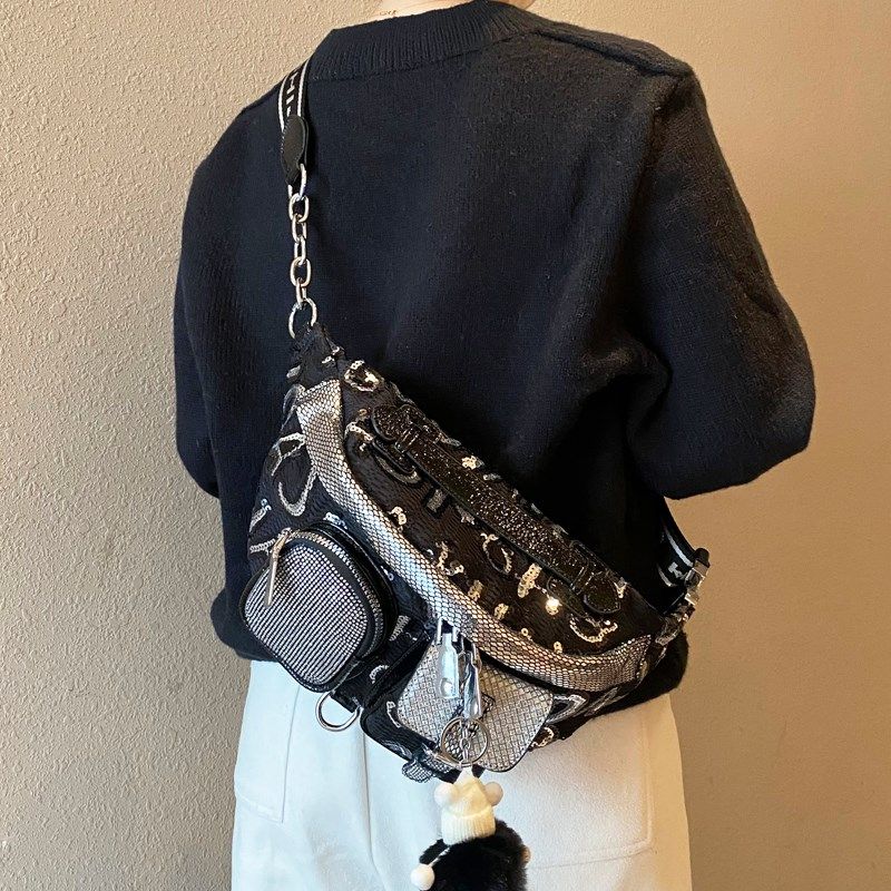 女士斜背胸包韩版洋气多口袋字母拼亮片包包2025新款斜挎腰包单肩,箱包皮具/热销女包/男包,胸包,淘宝优惠券,粉丝福利购,淘宝优惠卷