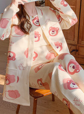月子服春秋时尚纯棉三件式秋冬季产後哺乳孕妇睡衣产妇家居服套装