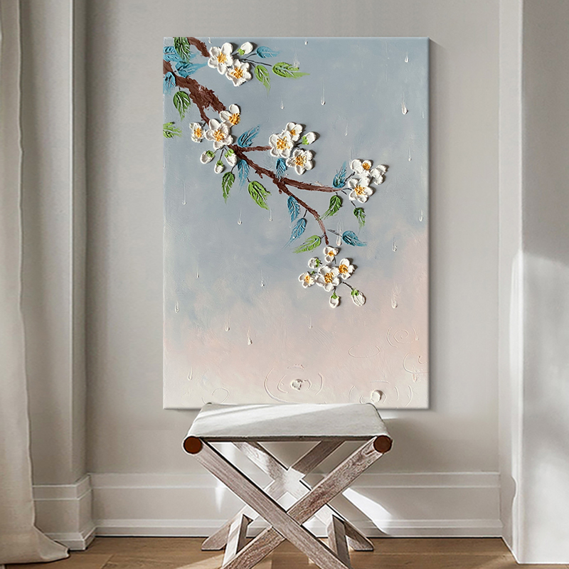 纯手绘油画抽象立体梅花装饰画玄关客厅植物花卉肌理画莫兰迪挂画图片