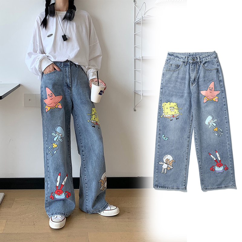 推荐Jean Femme Baggy Jeans Pants Cartoon Print Trousers Fash