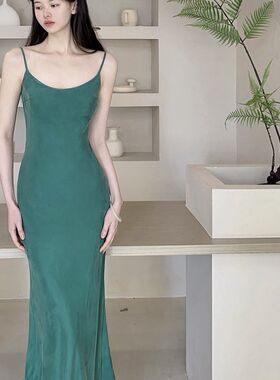 多色 铜氨丝吊带连衣裙女2023夏季复古斜鱼尾裙长款翠绿
