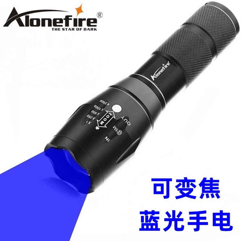 现货蓝光手电筒伸缩变焦蓝光强光迷你便携耐用远射王防.水战术手
