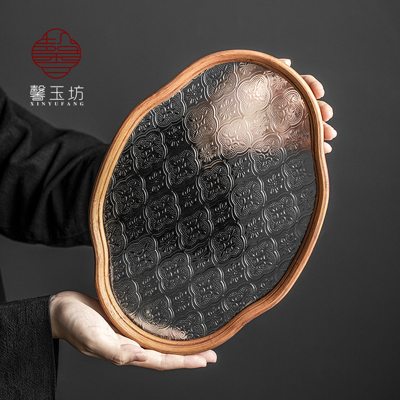 复古海棠花玻璃茶托盘日式竹制泡茶盘水果茶点盘桌上收纳盘茶奉