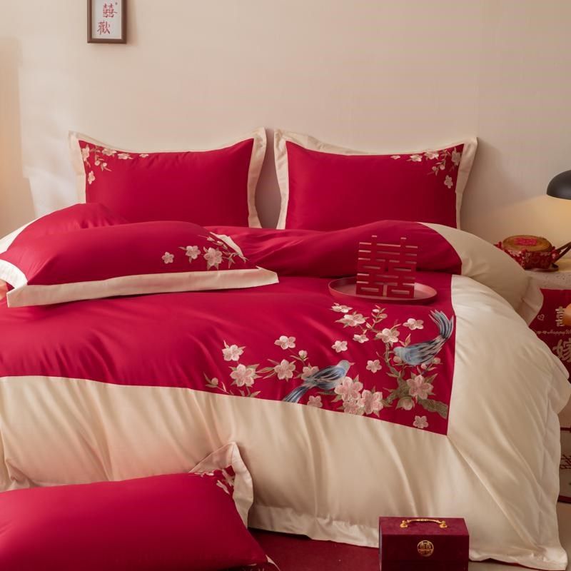 新中式结婚四件套全棉2025新款红色刺绣被套婚庆床上用品陪嫁,床上用品,婚庆床品套件,淘宝优惠券,粉丝福利购,淘宝优惠卷