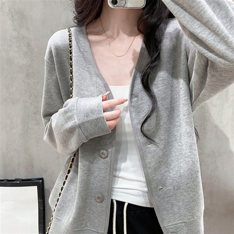 V领小个子长f袖卫衣外套女秋装宽松休闲显瘦纯色短款开衫上衣洋气