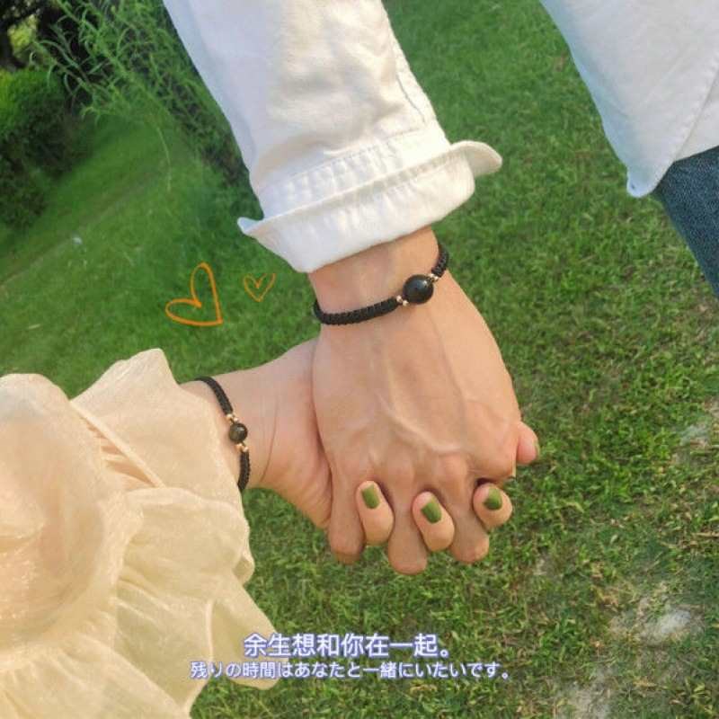 天然金曜石手链男女款情侣一对手环闺蜜学生手V工编织手绳简约