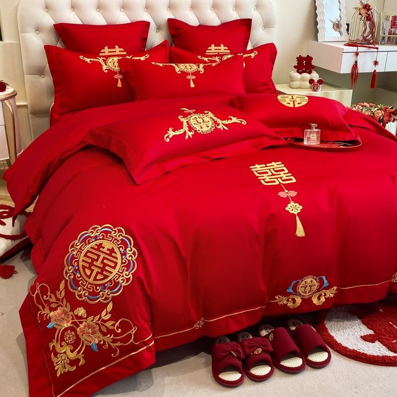 龙凤刺绣婚庆四件套大红色全棉新婚床单被罩结婚床上用品,床上用品,婚庆床品套件,淘宝优惠券,粉丝福利购,淘宝优惠卷