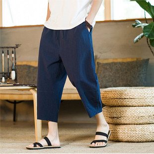 中国风裤 薄款 子宽松大码 潮流直筒阔腿裤 亚麻八分裤 棉麻短裤 男夏季