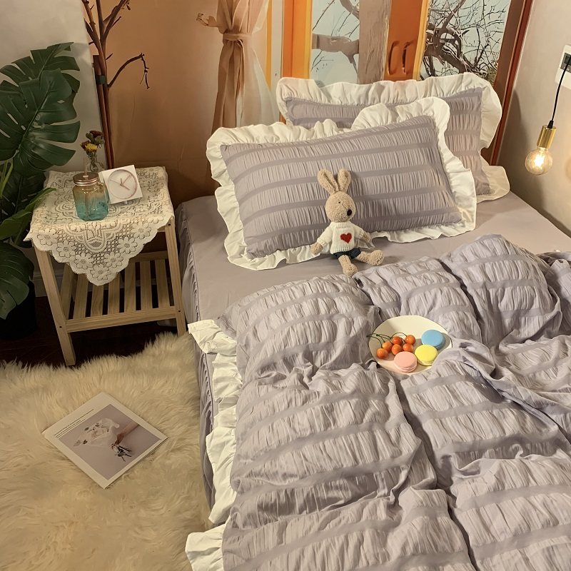 韩式公主风床裙粉色少女心纯色泡泡花边被套四件套宿舍床单三件套,床上用品,床单,淘宝优惠券,粉丝福利购,淘宝优惠卷