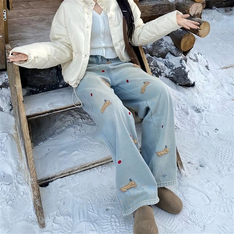 大码设计感刺绣阔腿牛仔裤女秋冬加绒新款高腰显瘦直筒拖地长裤子,女装/女士精品,大码裤装,淘宝优惠券,粉丝福利购,淘宝优惠卷