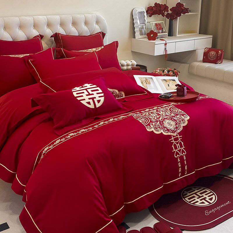 结婚喜庆四件套全棉磨毛红色刺绣婚房婚礼被套床单床上用品,床上用品,婚庆床品套件,淘宝优惠券,粉丝福利购,淘宝优惠卷