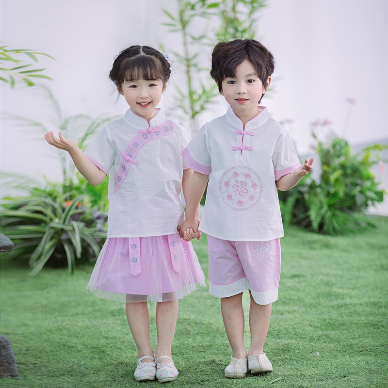 新品女童汉服夏款古风裙儿童演出服男童棉布薄款唐装古装幼儿园表