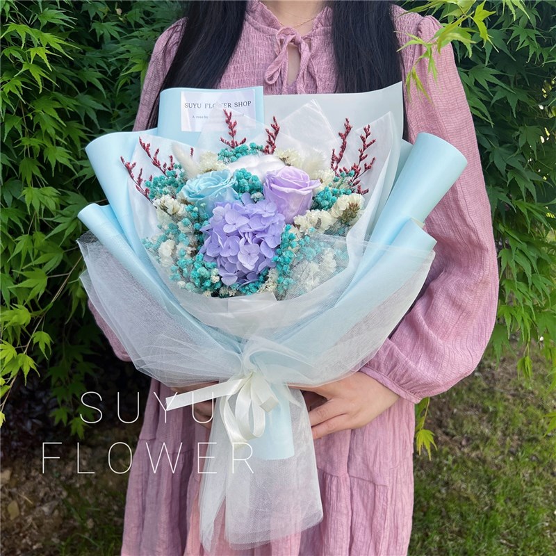玫瑰花棉花满天星永生花白纱干花束礼盒母亲节教师节送人表白生日