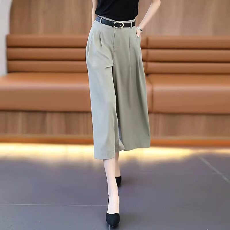 夏季冰丝八分阔腿裤女2023薄款宽松裙裤直筒裤高腰垂感宽裤休闲裤