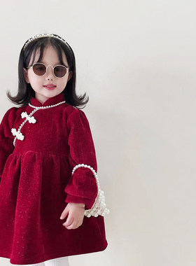 女童连衣裙冬公主裙儿童裙子加绒新年装宝宝周岁礼服红色冬裙旗袍