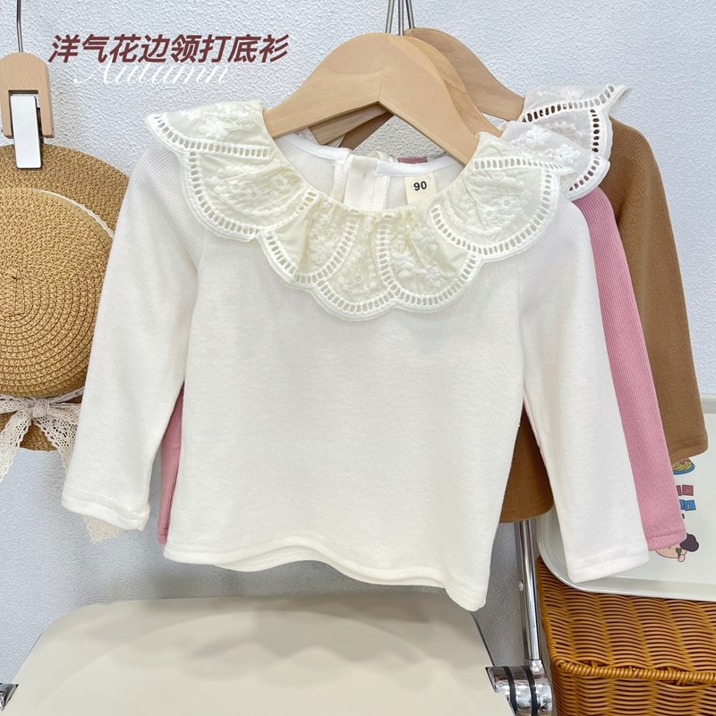 热销女童打底衫春秋洋气娃娃领儿童长袖t恤宝宝蕾丝花边翻领内搭