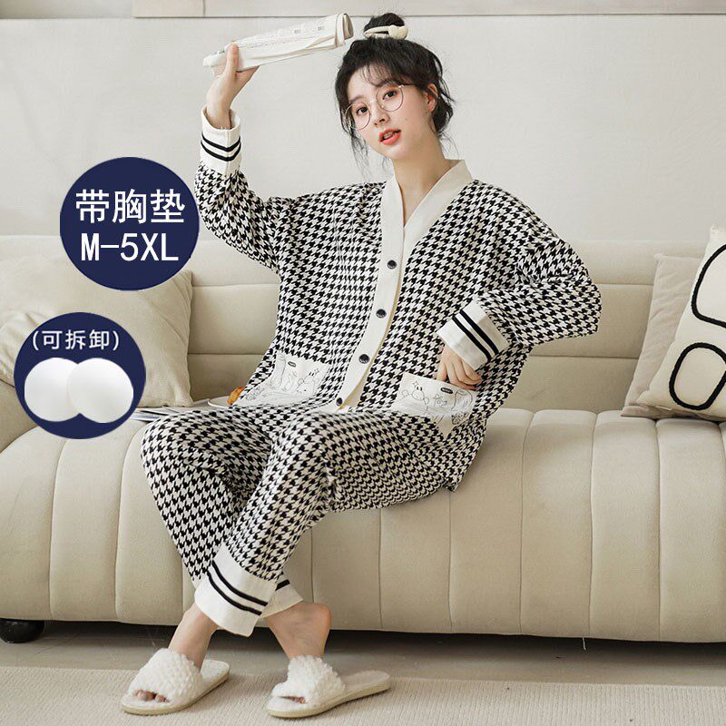 新品带胸垫一体式睡衣女款春秋季纯棉长袖青春开衫大码免穿文胸家