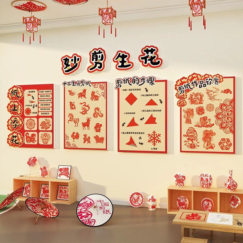 幼儿园环创非遗传统文化主题墙面装饰剪纸美工区布置成品材料走廊