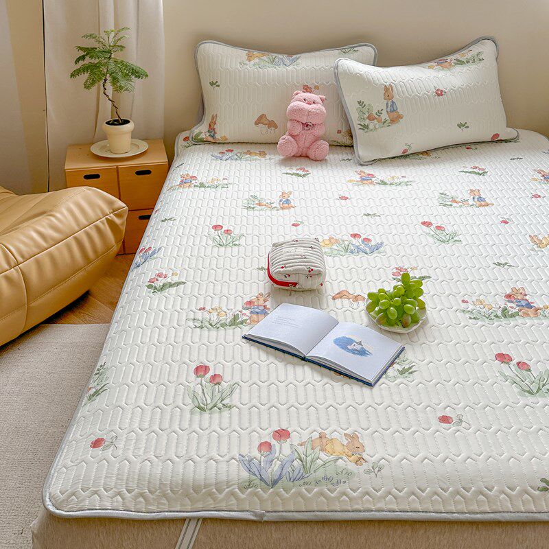 花丛小兔凉感丝亲肤o乳胶凉席三件套机洗卡通柔软空调软席学生凉