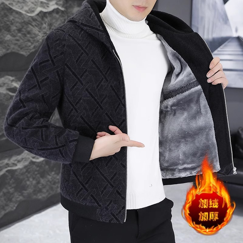 加绒加厚连帽毛呢大衣男士冬季新款青年韩版修身保暖呢.子夹克外